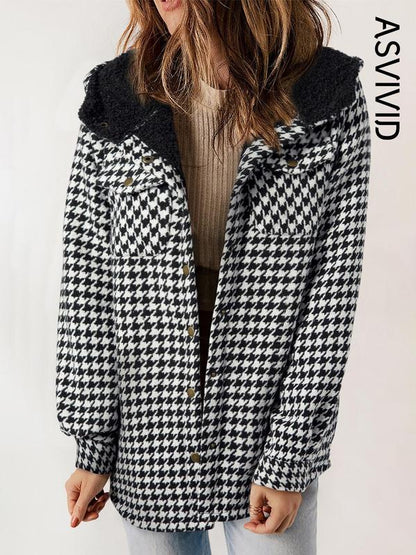 Women's Plaid / Houndstooth Print Button Front Hooded Coat, Casual Long Sleeve Pocket Coat for Fall & Winter, Ladies Outerwear for Daily Wear