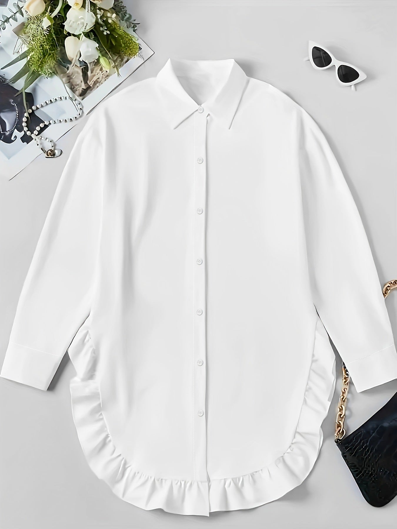 Women's Plain Ruffle Trim Button Front Blouse, Casual Fit Longsleeves Collared Top for Daily Wear, Ladies Clothes for All Seasons, Feminine - Seldom Seen Styles