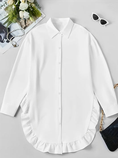 Chemisier uni à volants et boutonnage avant pour femme, haut décontracté à manches longues et col pour usage quotidien, vêtements pour femmes pour toutes les saisons, féminin