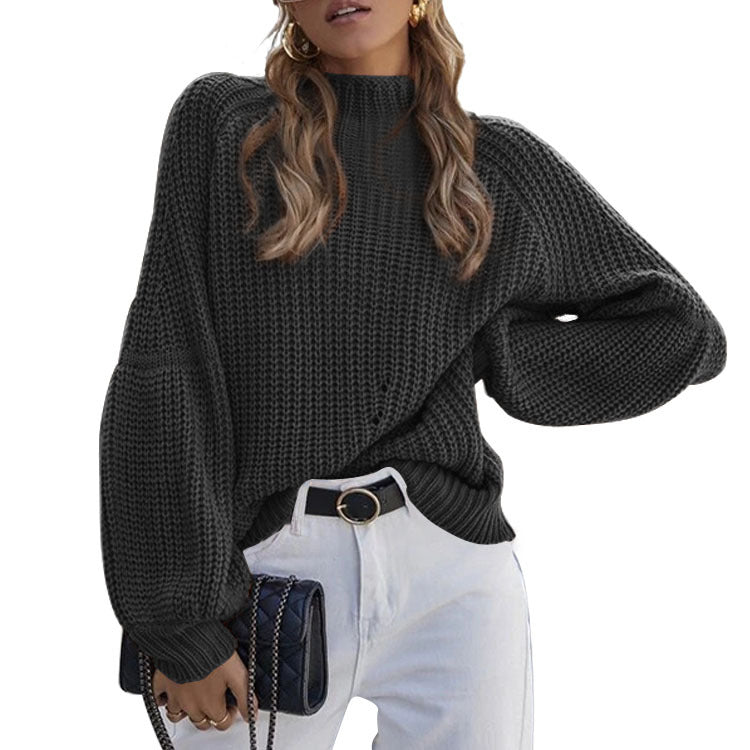 2024European and American Autumn and Winter New Loose Mock Neck Knitwear Cross-Border Amazon Women's Solid Color Turtleneck Sweater for Women