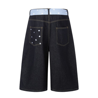 Women's I Love RVNTENG Letter Print Polka Dot Tie Wide Leg Denim Shorts High Waist Casual Streetwear Jean Shorts