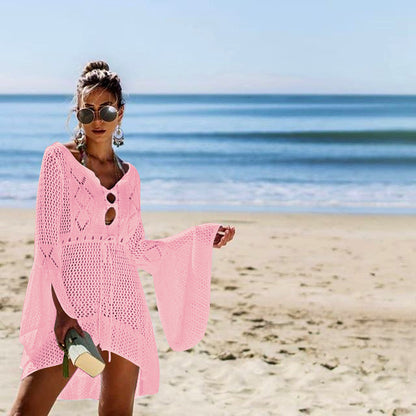 Hollow-out Sun Protection Shirt Bell Sleeve Beach Cover-up Bikini Cover  Hot Knitwear Swimsuit