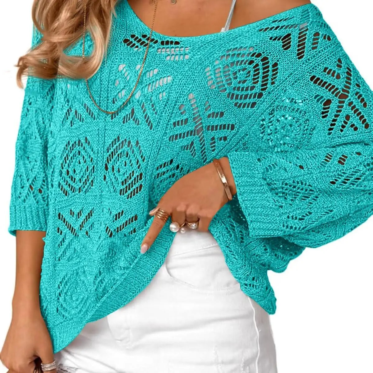 Fisoew Women's Bohemian-Inspired Beige Crochet Top with V-Neck #Springtok #TikTokShopJumpstartSale Casual Chic - Seldom Seen Styles