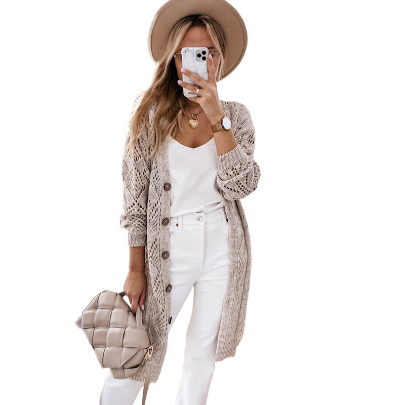 Shiying Cross-Border Foreign Trade New Single-Breasted Women's Coat Casual Twist Mid-Length Knitted Cardigan Sweater for Women