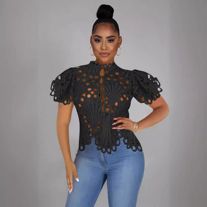 Women’s Sexy Ruffle Long Sleeve Summer Lace Tops 2024 Puff Flare Shirt V Neck Hollow Out Button Down Tunic Blouses