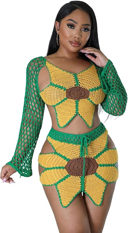 Women Sexy Beach Coverups Summer 2 Piece Outfits Crochet Mesh Fishnet Bikini Top and Maxi Skirt Set - Seldom Seen Styles