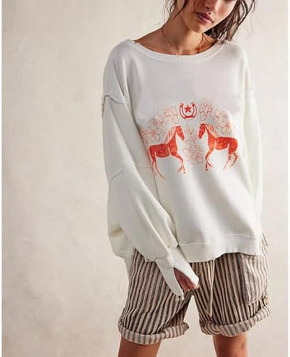 Damen Sommer Lose T-Shirt Stern Patch Langarm Rundhals Casual Tops Streetwear