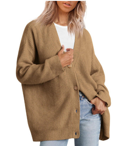 Online European and American Style Simple All-Match Knitted2023Cross-Border Women's Clothing Amazon ButtonsVCollar Solid Color Sweater for Women