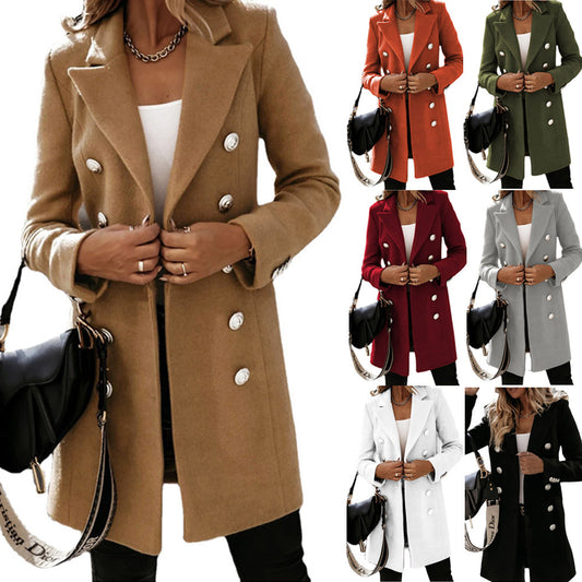 2024Cross-Border wish Amazon new  Autumn and Winter Long Sleeve Suit Collar Double Breasted Woolen Coat Coat for Women