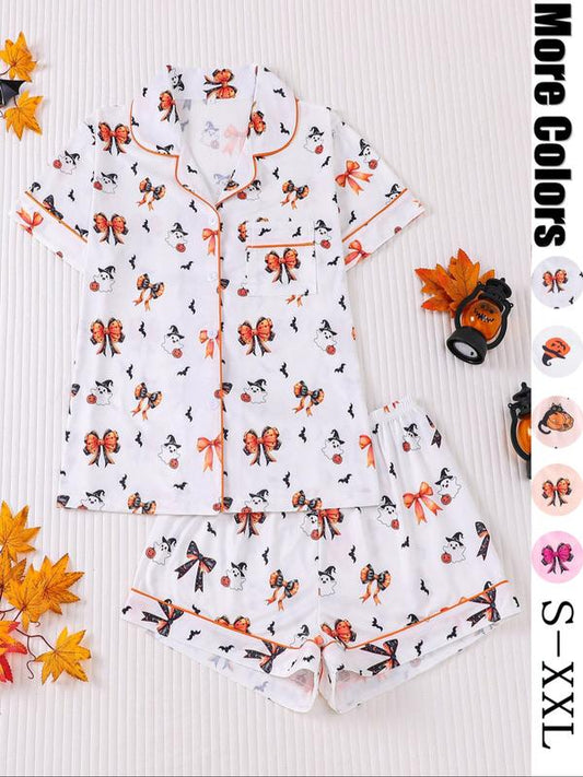 【Halloween】Women's Halloween Pajama Set, Cute Ghost Cat Pumpkin Print, Short Sleeve Lapel Shirt & Elastic Shorts, Casual All-Season Sleepwear, Loungewear