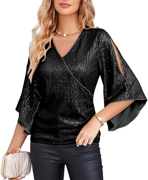 Womens Sequin Tops 3/4 Sleeve Glitter Sparkly Party Blouse V-Neck Dressy Tops for Evening Party