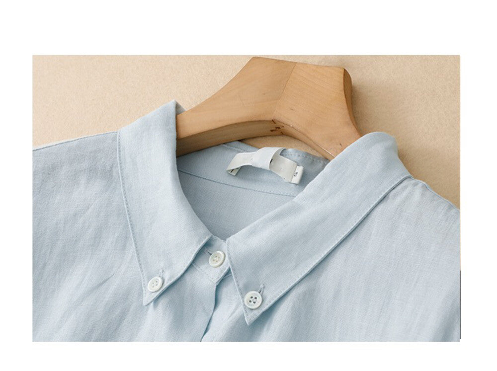 Light Blue Linen Short Sleeve Button Down Shirt Dress Collared Loose Fit Casual Midi Dress - Seldom Seen Styles