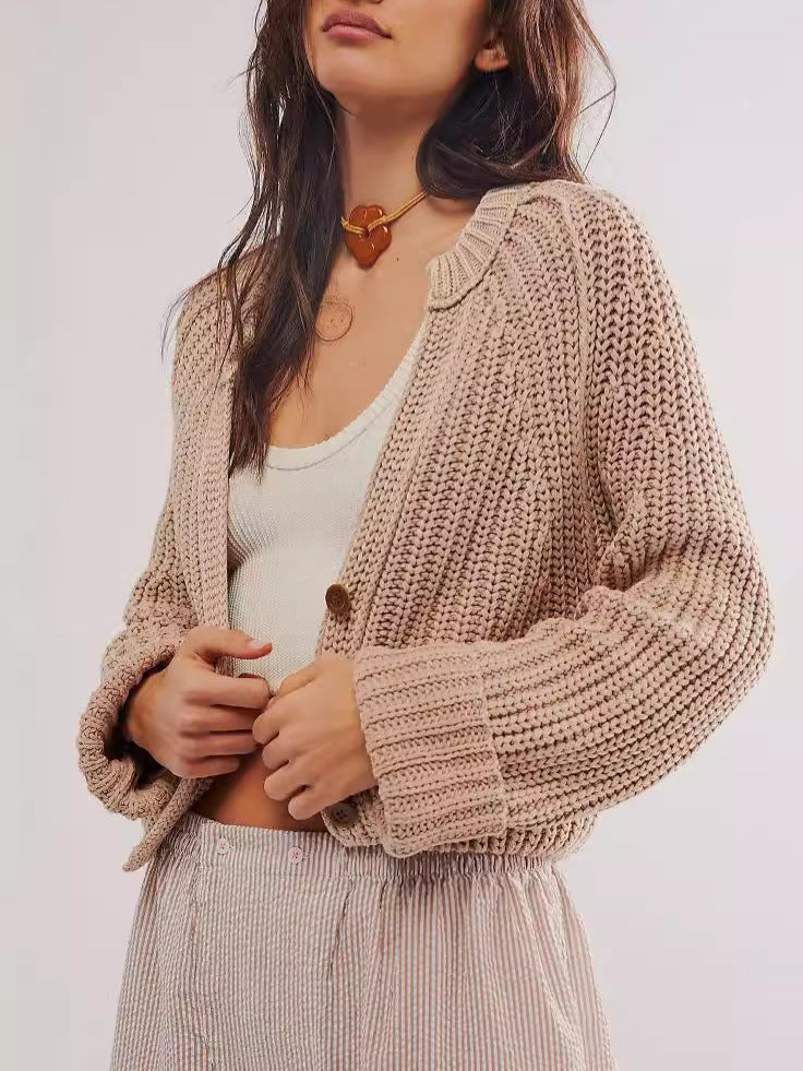 Autumn  Winter New Style Solid Color Thick Needle  Sweater Short Knitted Cardigan Jacket