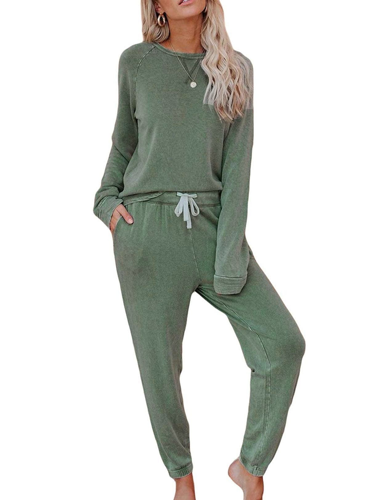 Women's Solid Sweatsuit Set 2 Piece Long Sleeve Pullover and Drawstring Sweatpants Sport Outfits Sets - Seldom Seen Styles