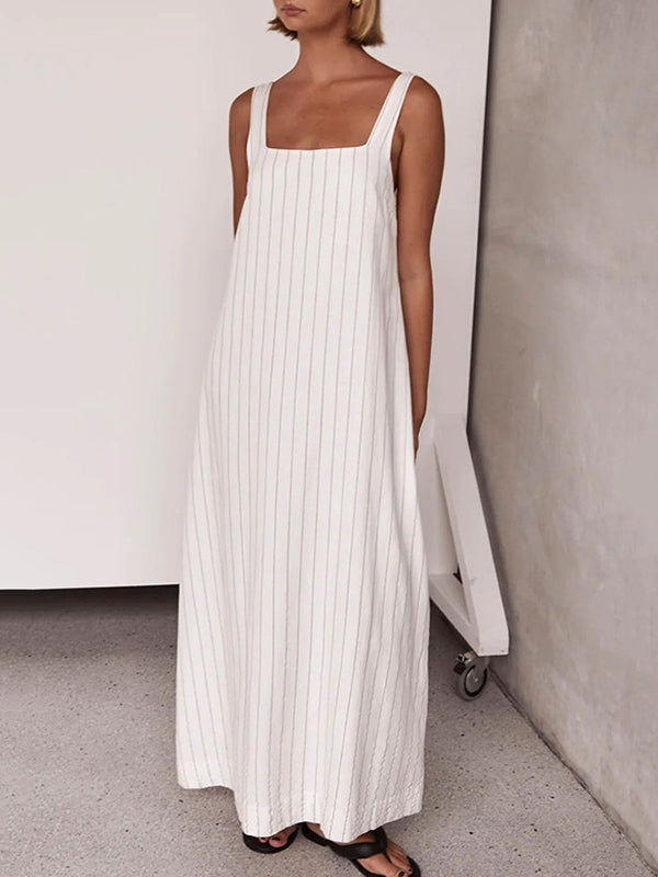 A-Line Loose Striped Square-Neck Maxi Dresses - Seldom Seen Styles