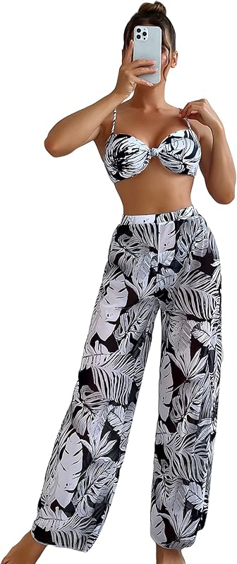 Women's 3 Piece Set Tropical Print High Cut Wrap Front Bikini Swimsuit - Seldom Seen Styles