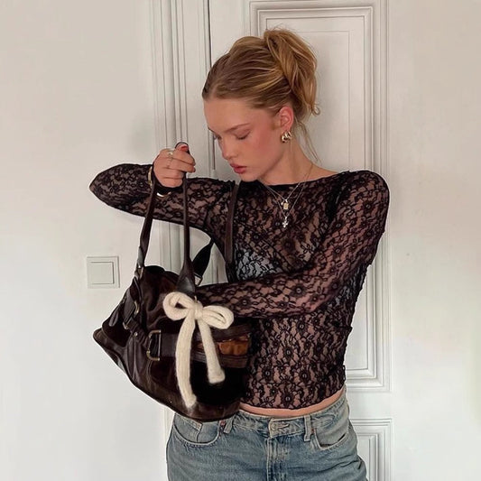 Women's Crew Neck Long Sleeve Sheer Lace Crop Top