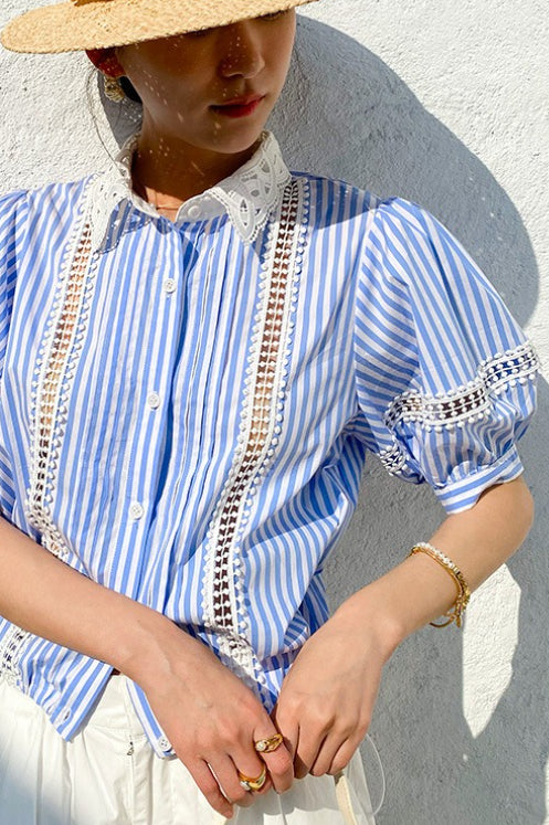 Chic Stripe Lace Puff Sleeve Blouse - Seldom Seen Styles