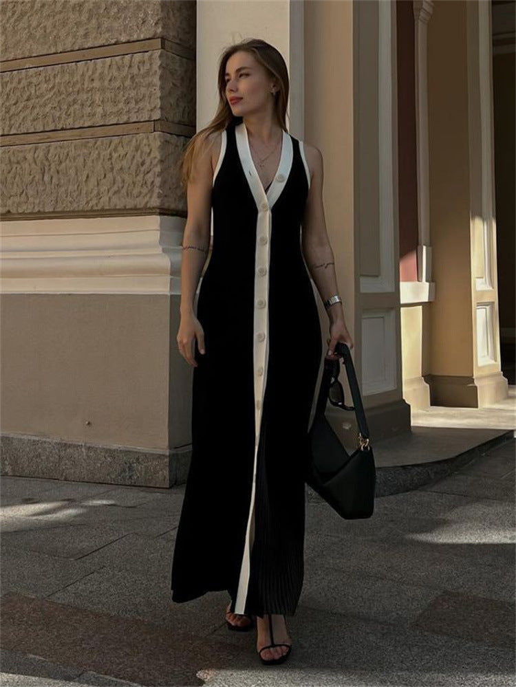 V-neck Sleeveless Single-Breasted Knitted Dress Tight European and American Midi Dress Contrast Color Cardigan Sexy Summer Dress 2024