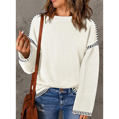 Sweaters for Women Fashion Solid Crewneck Loose Fit Long Sleeve Contrast Cable Knit Pullover Sweater Jumper Tops Knitwear Womenswear Knitwear Womenswear
