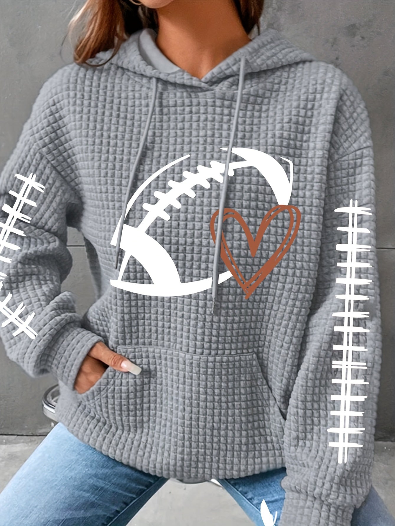 Gemütlicher Kapuzenpullover für Damen in Übergröße – Waffelstrick mit Rugby-Herzen-Print, lange Ärmel mit Kapuze mit Kordelzug und Kängurutaschen – perfekte Freizeitkleidung für kurvige Fashionistas