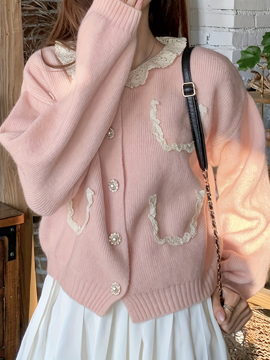 Lace Stitching Button Front Knitted Cardigan, Cute Casual Long Sleeve Cardigan For Spring & Fall, Women's Clothing