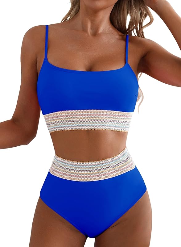 Women's Bikini Sets Colorblock Trim 2 Piece High Waisted Swimsuit Scoop Neck Adjustable Spaghetti Straps Bathing Suit - Seldom Seen Styles