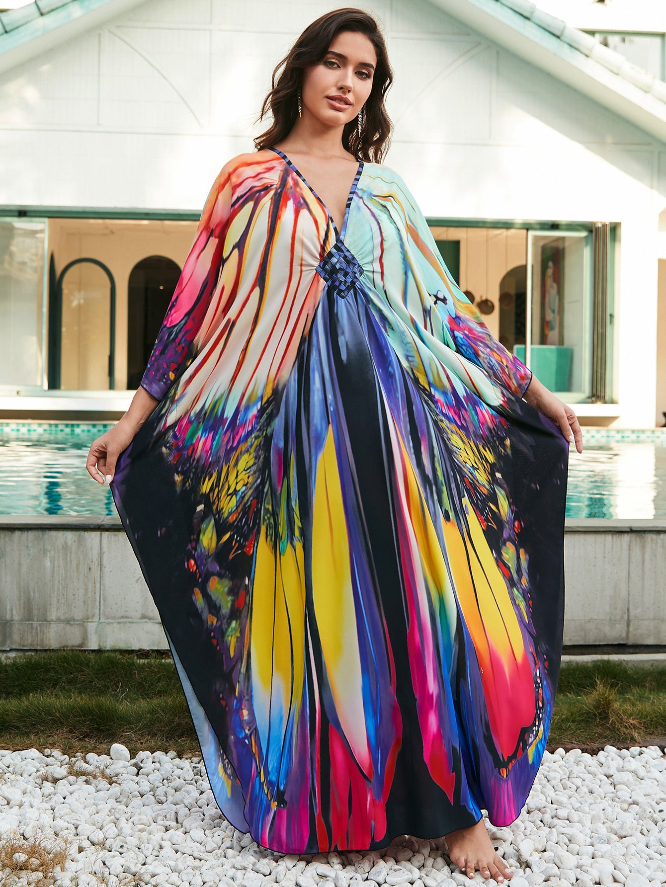 [Plus Size] Butterfly/feather Print Ruched Split Hem Tunic Dress, Valentine's Day Elegant Batwing Sleeve V Neck Long Dress for Summer, Casual Womenswear, Gift, Homecoming Dresses, Women's Clothes for Beach Holiday Vacation, Moo Moo Dresses