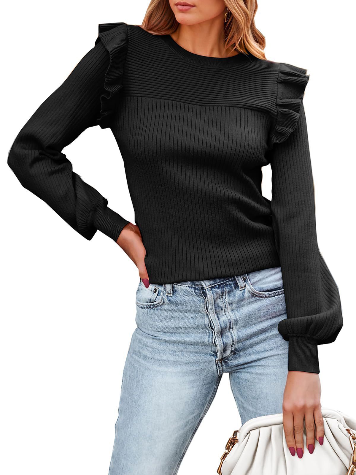 Amazon Cross-Border Women's Ruffled Shoulder Long Sleeve Sweater round Neck Slim Fit2023Autumn and Winter Rib Knitted Top