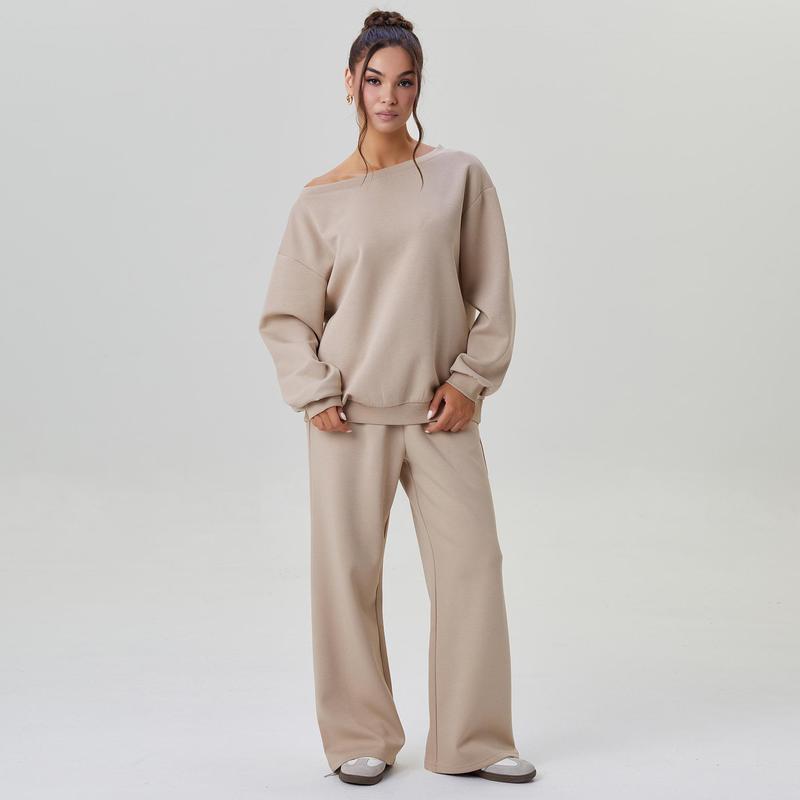 Women's Leisure Solid Color Sloping Shoulder Long Sleeve Top & Wide Leg Trousers Co-ord, Cozy Scoop Neck Loose Two Piece Outfits, Basic Womenswear - Seldom Seen Styles