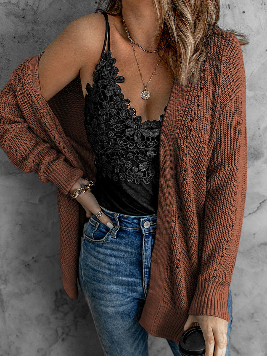 European and American Style Women Fashion Solid Color Hollow Cardigan Sweater Autumn and Winter New Side Slit Drop-Shoulder Long-Sleeve Top271064