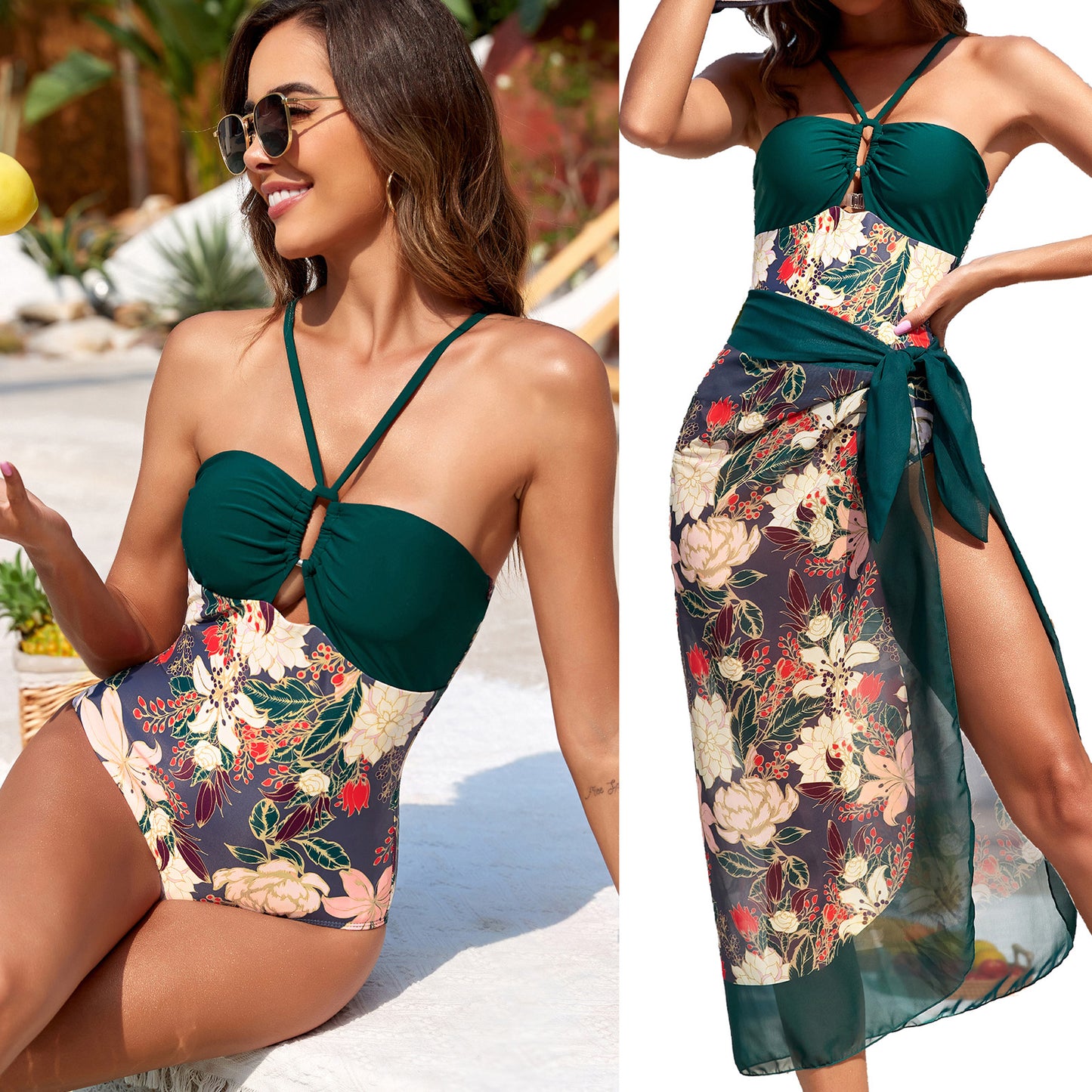 Cover Up Skirt Floral Print One-Piece Swimsuits (Women’s) - Seldom Seen Styles