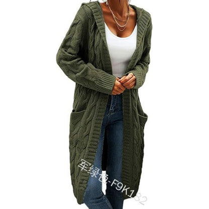 Women's Pocket Drop Shoulder Cardigan, Hooded Long Sleeve Warm Top, Casual Textured Knit Open Front Cable Outwear, Sweaters for Women