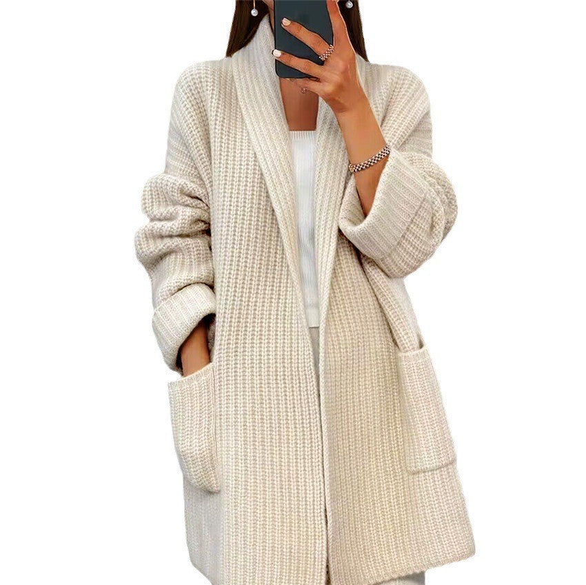 Foreign trade women's clothing2024Autumn and Winter New Women's Thickened Solid ColorVCollar Knitted Cardigan Loose Pockets Sweater Coat