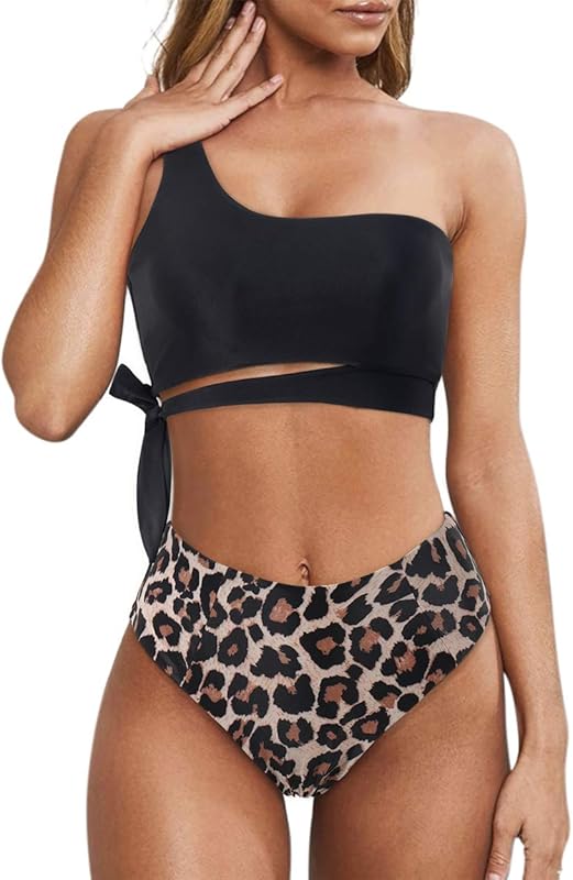 Women One Shoulder High Waisted Bikini Tie High Cut Two Piece Swimsuits - Seldom Seen Styles