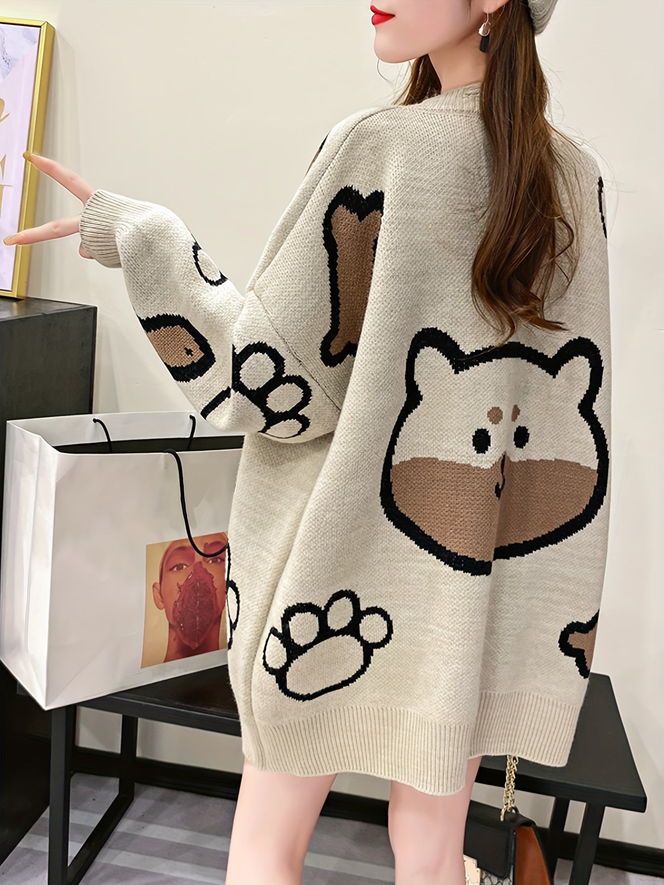 Cat Pattern Loose Sweater, Casual Drop Shoulder Long Sleeve Crew Neck Pullover Sweater For Spring & Fall, Women's Clothing