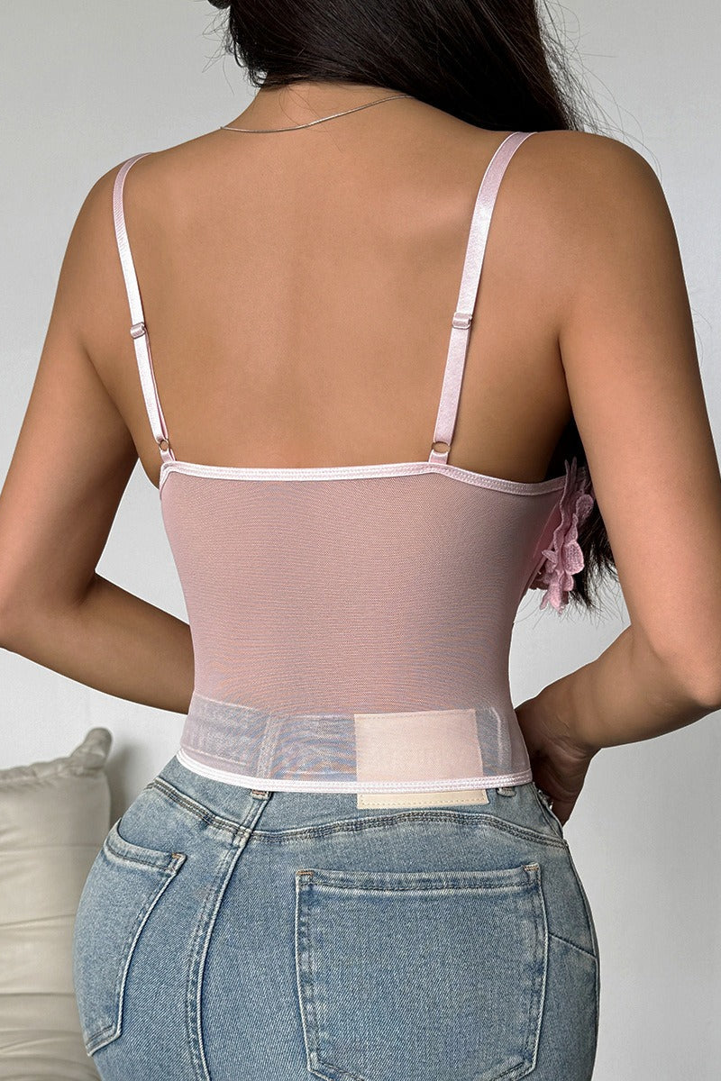 Women's Pink Floral Lace Mesh Bustier Cami Top Sexy Spaghetti Strap Slim Fit Sleeveless Summer Going Out Party Date Night Top - Seldom Seen Styles