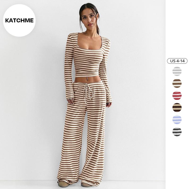 Women's Slouchy Square Neck Stripe Long Sleeve Crop Top & Low-Rise Wide Leg Trousers Co-ord, Minimalist Two Piece Outfits, Cozy Womenswear - Seldom Seen Styles