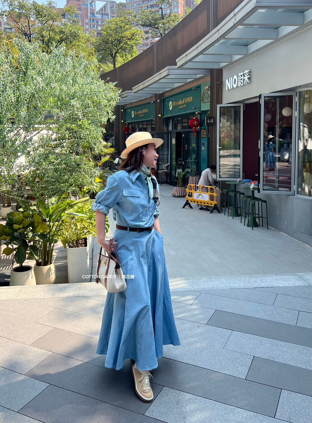 Women's Denim Short Sleeve Lapel Collar Gold Button Belted A-Line Maxi Dress Dual Chest Pockets with Free Braided Belt Dark Blue Light Blue S M Cotton Candy 288563 - Seldom Seen Styles