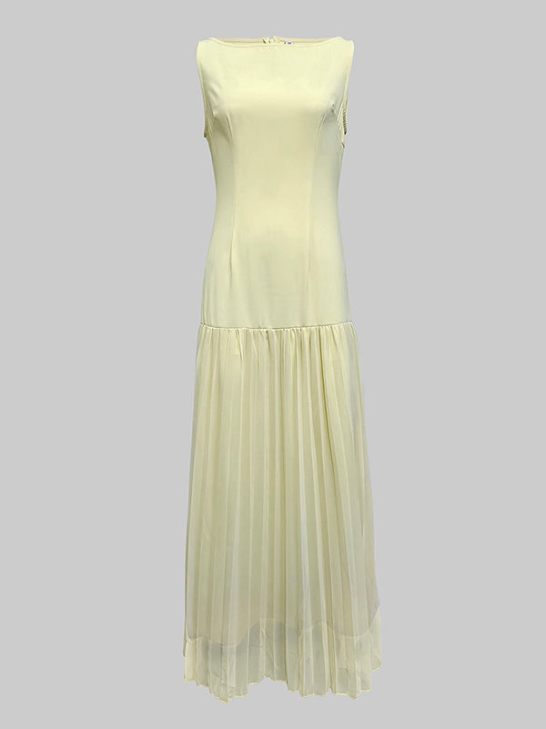 Sleeveless Gauze Pleated Solid Color Split-Joint Boat Neck Evening Dresses Maxi Dresses - Seldom Seen Styles