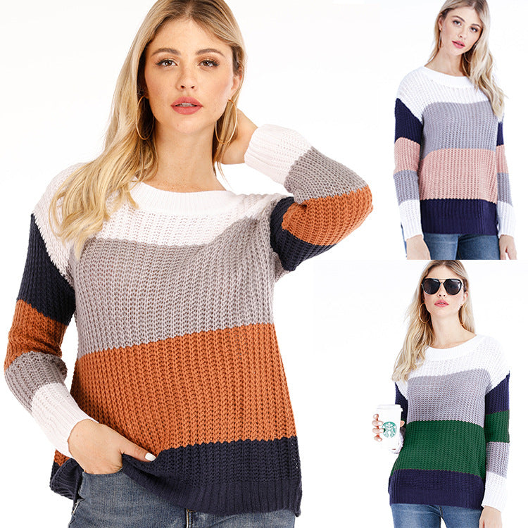 Cross-Border2024Autumn and Winter Amazon New Contrast Color Striped Pullover Women's Loose plus Size Rainbow Sweater Women's