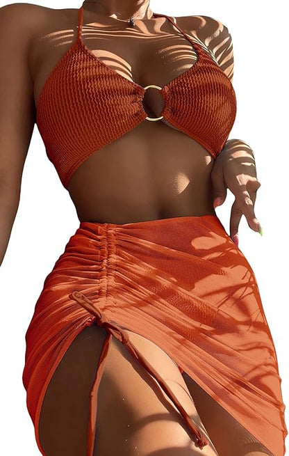 Women's 3 Piece Bathing Suits Halter Ring Bikini Set with Cover Up Skirts - Seldom Seen Styles