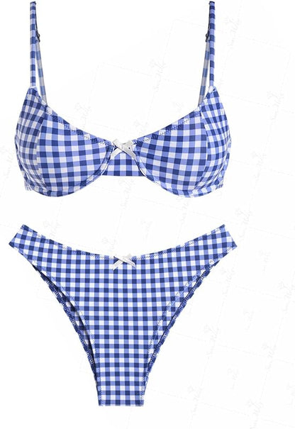 Contrast Color Red Gingham Spliced High Leg Cheeky Bikini Set - Seldom Seen Styles