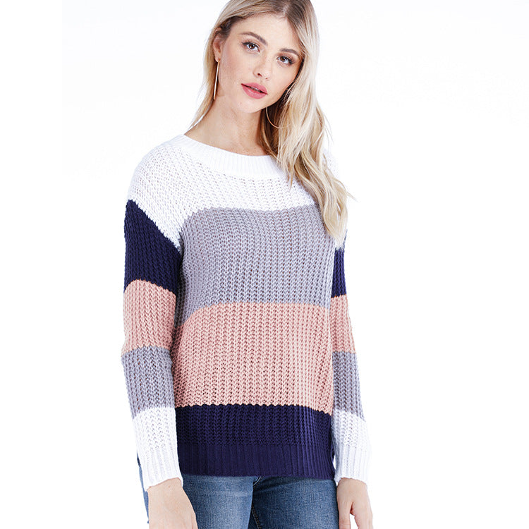 Cross-Border2024Autumn and Winter Amazon New Contrast Color Striped Pullover Women's Loose plus Size Rainbow Sweater Women's