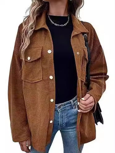 Astylish Damen Shacket-Jacke mit Waffelstrick, lang, übergroß, lässige Blusen, Button-Down-Kragen, elegante Hemden 