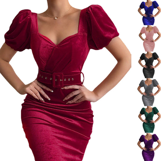 Amazon2024Spring New Pure Color Waist Slimming Chest Sexy Low Collar Puff Sleeve Velvet Sheath Dress