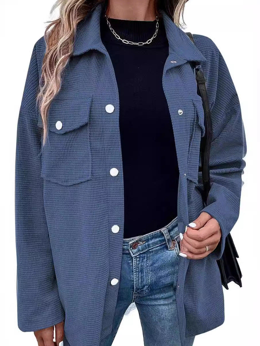 Astylish Damen Shacket-Jacke mit Waffelstrick, lang, übergroß, lässige Blusen, Button-Down-Kragen, elegante Hemden 