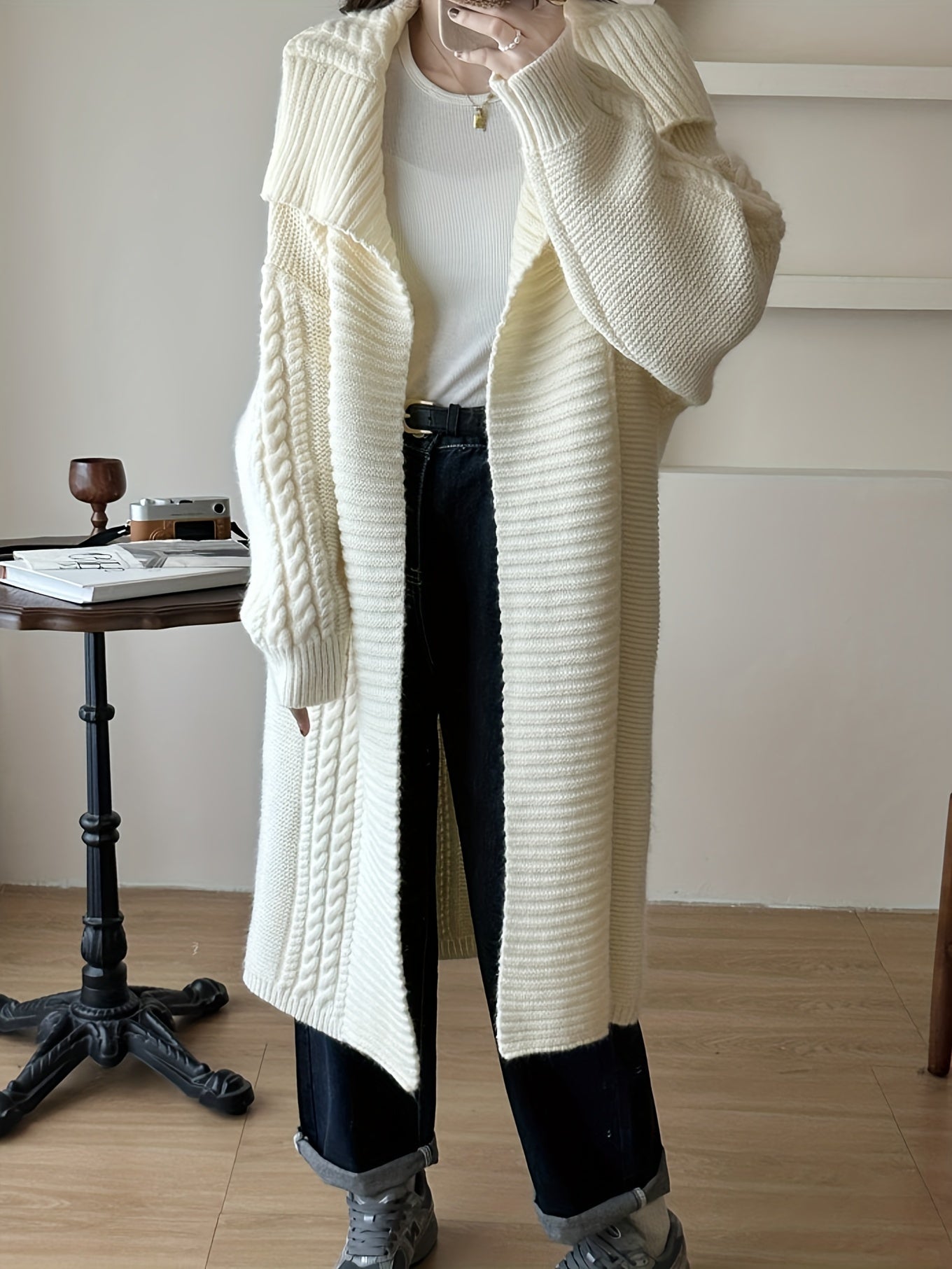 Solid Color Open Front Cardigan, Elegant Long Batwing Sleeve Loose Lapel Cardigan For Fall & Winter, Women's Clothing