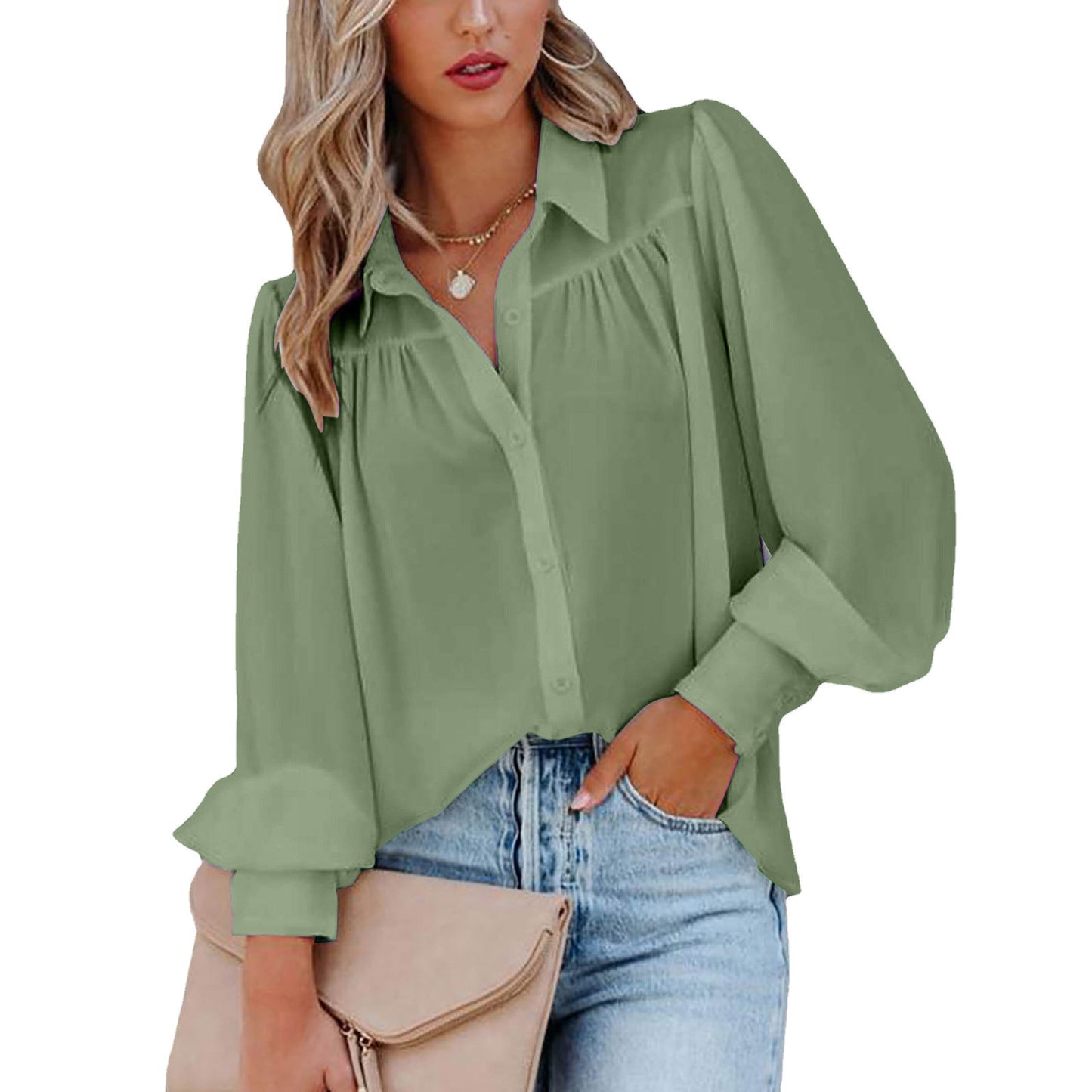 2024Cross-Border wish Amazon Button Top Lantern Sleeve Pleated Solid Color Stand Collar Loose Shirt Long Sleeve Women's Clothing