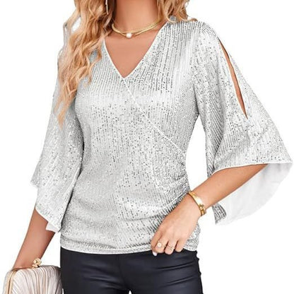 Womens Sequin Tops 3/4 Sleeve Glitter Sparkly Party Blouse V-Neck Dressy Tops for Evening Party